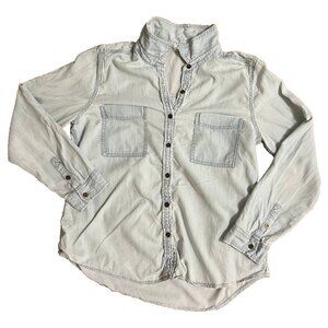EILEEN FISHER Shirt Size L Denim Classic Collar Chambray Pockets Grey A000964